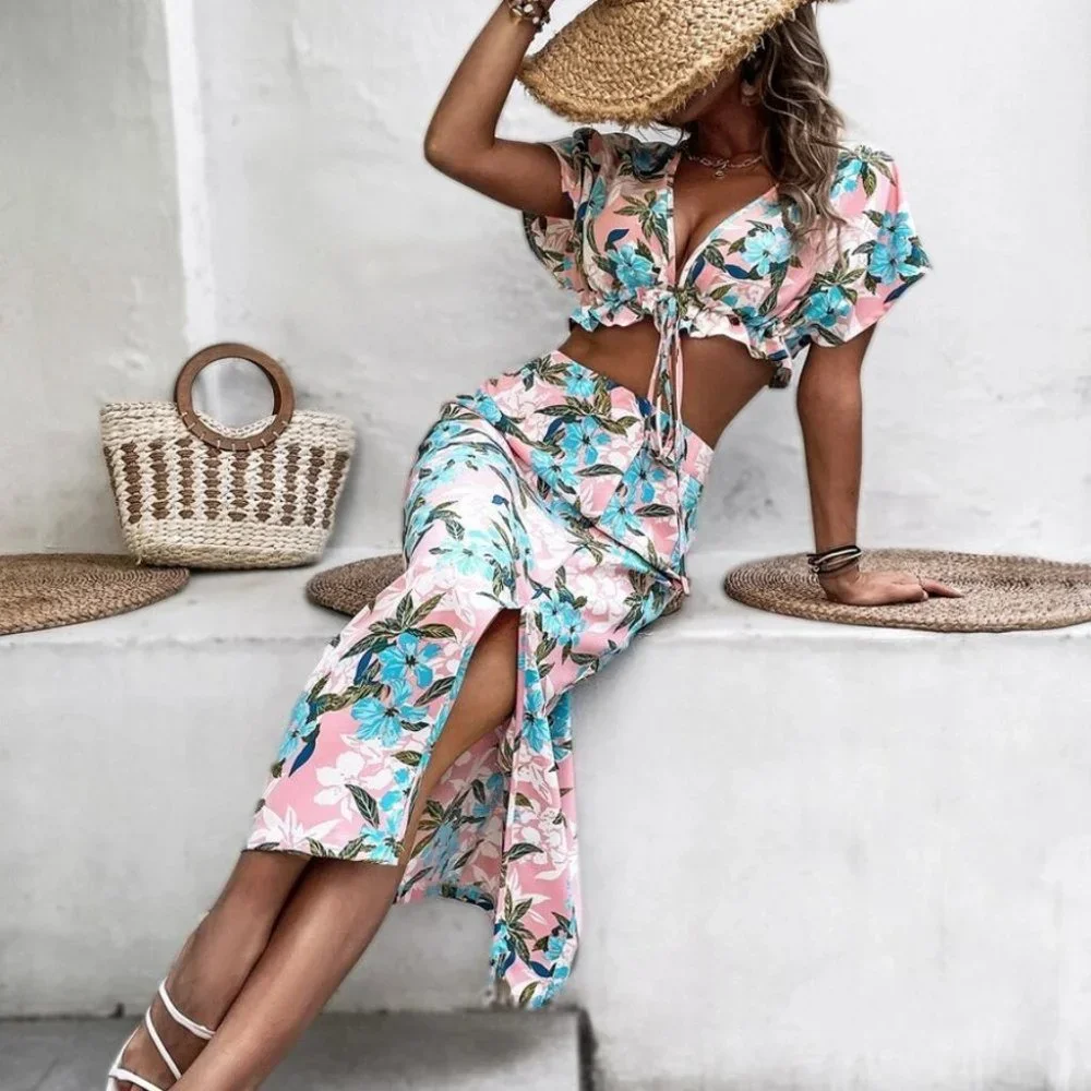 2 piece set Floral Print Tie Front Crop Top With Split Thigh Skirt